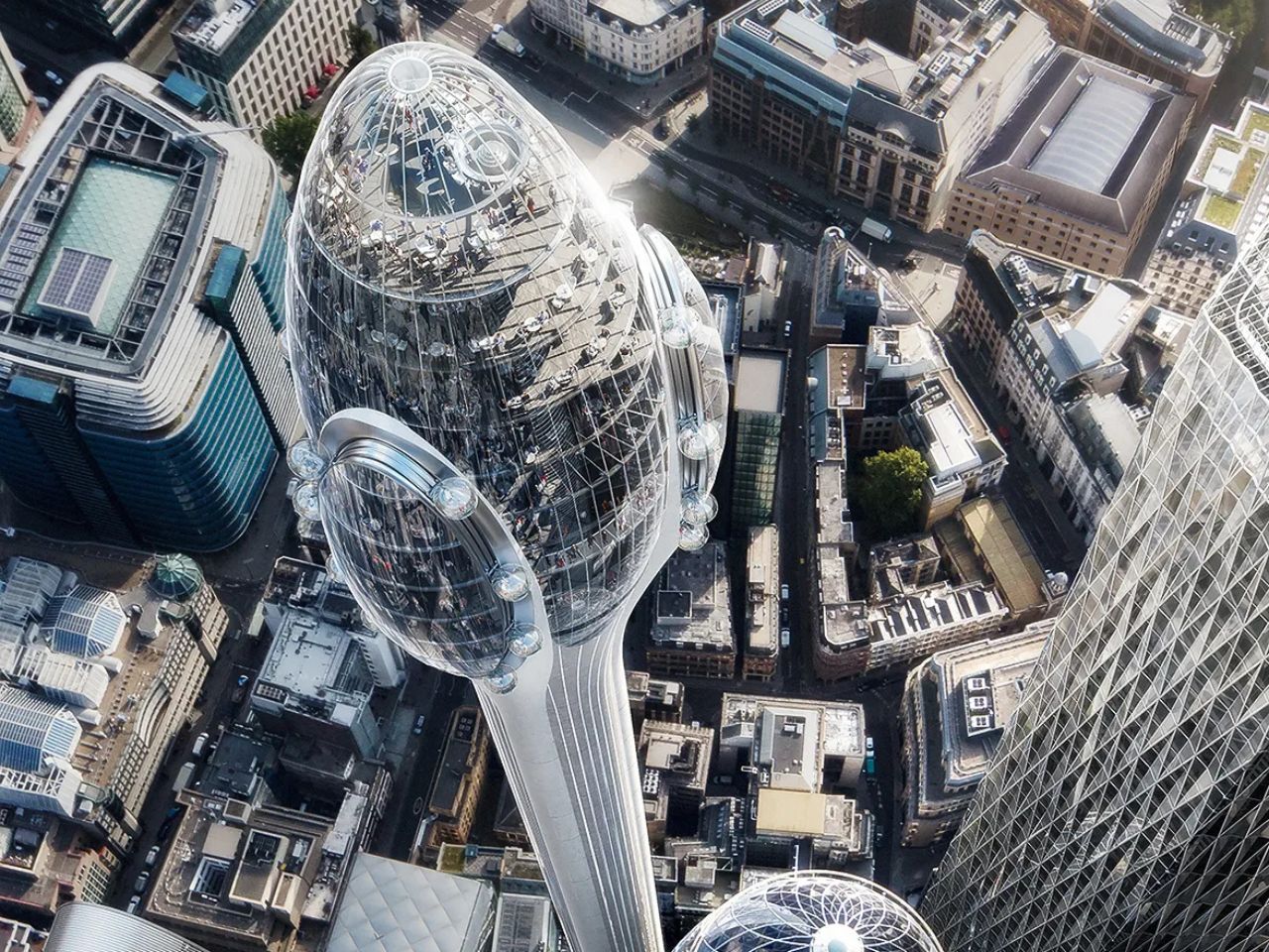 El sueño truncado del Tulip London, el rascacielos de 305 metros que quedó atrapado entre disputas políticas y legales 7 Render en plano aéreo del Tulip London - RDM